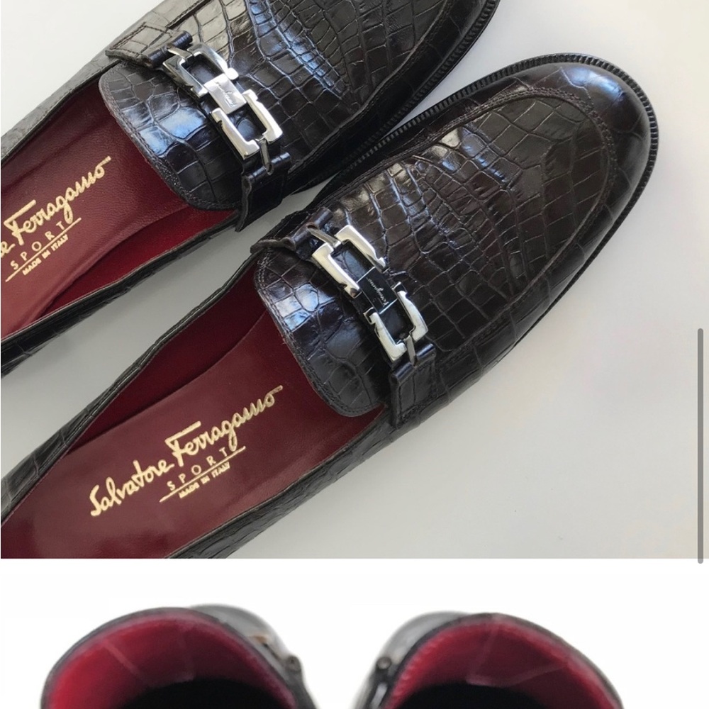Salvatore Ferragamo Black Croc-Embossed Loafers